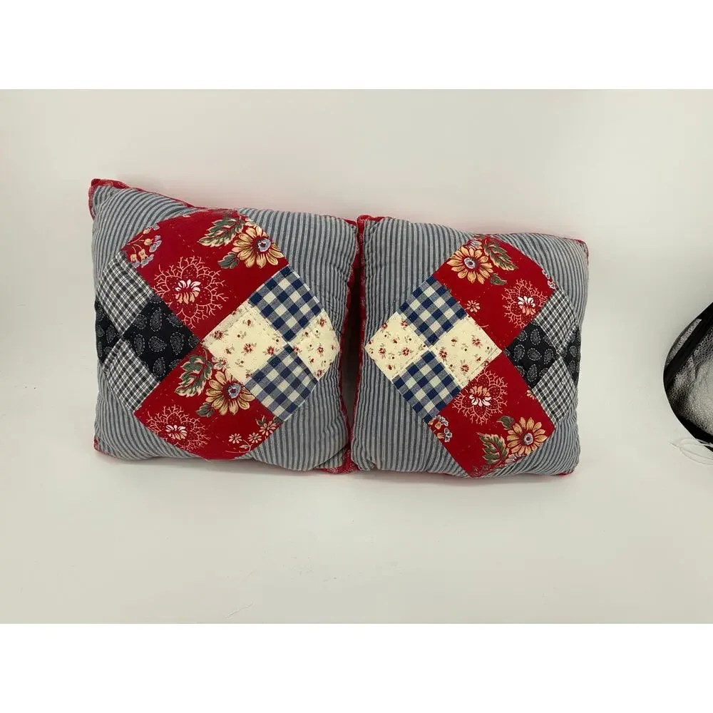 Patchwork Throw Pillow Pair Americana Farmhouse Cottagecore 13 Inch